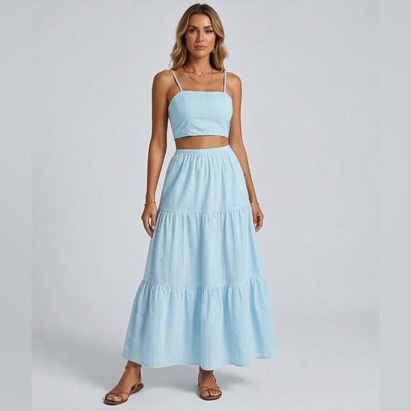 Boho Eyelet Embroidered Two-Piece Maxi Set Blue - Picture 8 of 9
